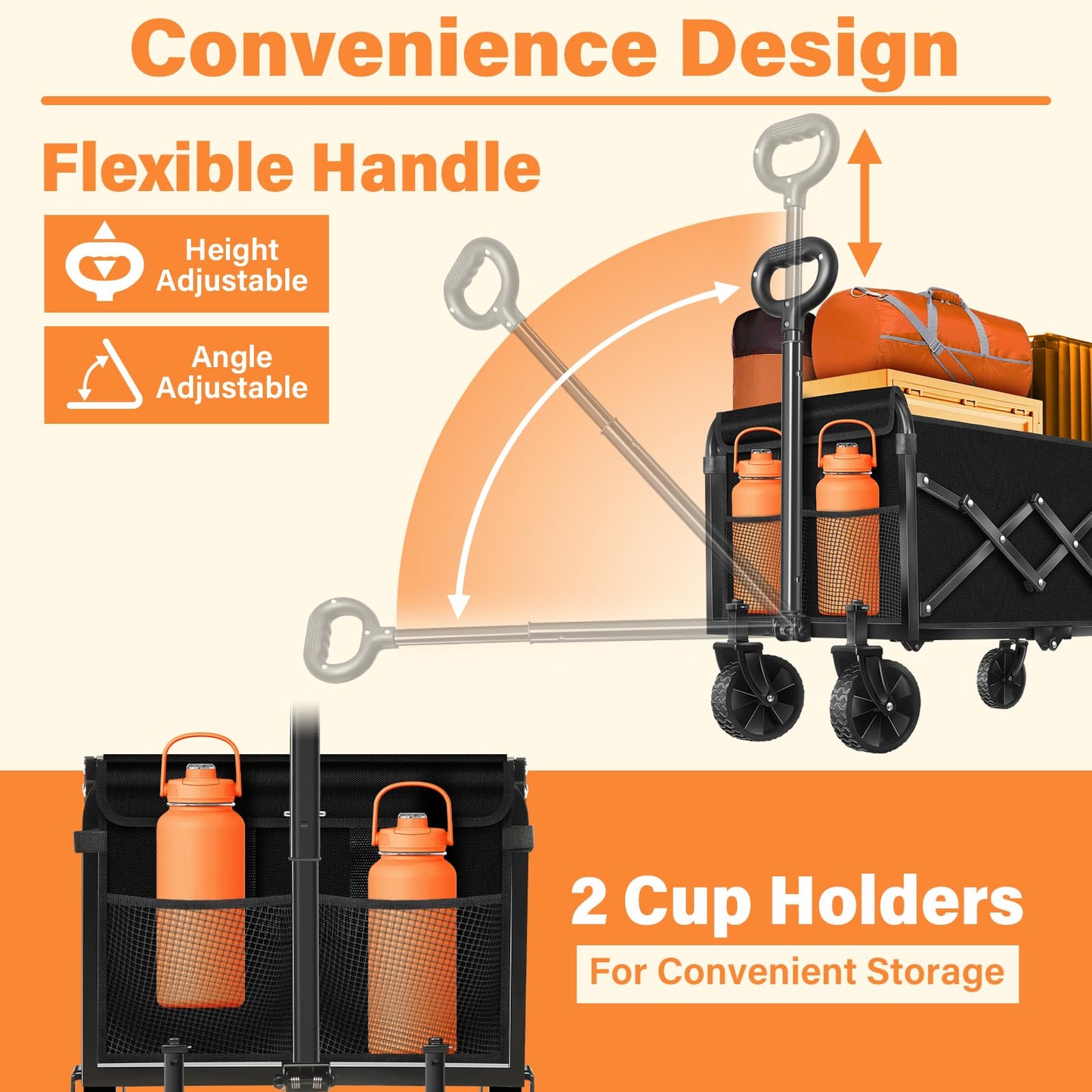 Wagons Carts Foldable,360lbs Collapsible Wagon with Wheels, Lightweight Foldable Wagon Cart with Drink Holders for Camping,Travel,Picnic,Shopping,Sports,Storage,Fashion Black
