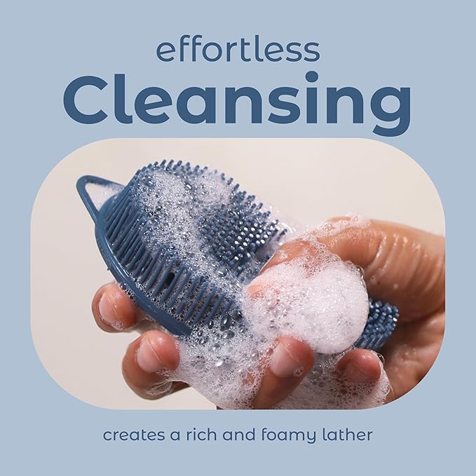 MainBasics Silicone Body Scrubber Dual-Sided Shower Loofah and Scalp Scrubber (Dark Blue, Scalp)