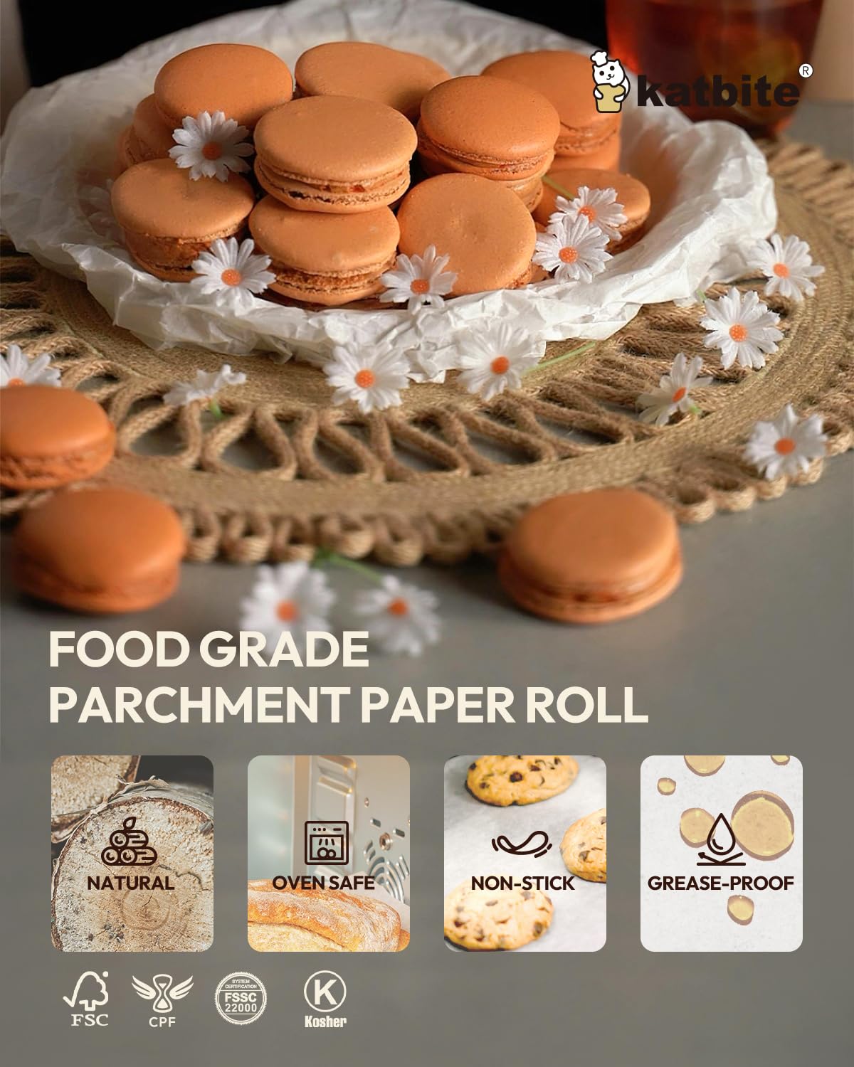 Katbite 15in x 242ft, 300 Sq.Ft Value Pack Parchment Paper Roll for Baking, Parchment Baking Paper with Serrated Cutter, Heavy Duty & Value Pack Roll for Cooking, Air Fryer, Steaming, Bread