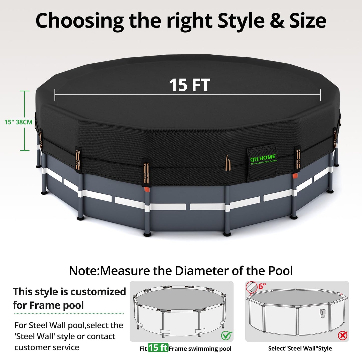 QH.HOME 550D 15 ft Pool Cover Round[Upgraded Tear Resistant & Quadruple Windproof] wth Pre-Installed Patented Winch and Rope, Pool Covers for Above Ground Pools-Snug Fit & Waterproof Protection