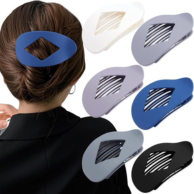 Large Flat Round Hair Clips Oval Claw Clips for Thick Medium Thin Hair 6Pcs Non Slip Strong Hold Barrettes Duckbill Accessories for Women Girls Matte Solid Color Grey Blue