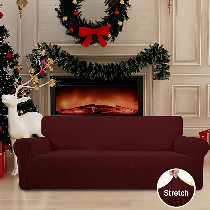 Easy-Going Stretch Oversized Sofa Slipcover 1-Piece Sofa Cover Furniture Protector Couch Soft with Elastic Bottom for Kids, Polyester Spandex Jacquard Fabric Small Checks Wine