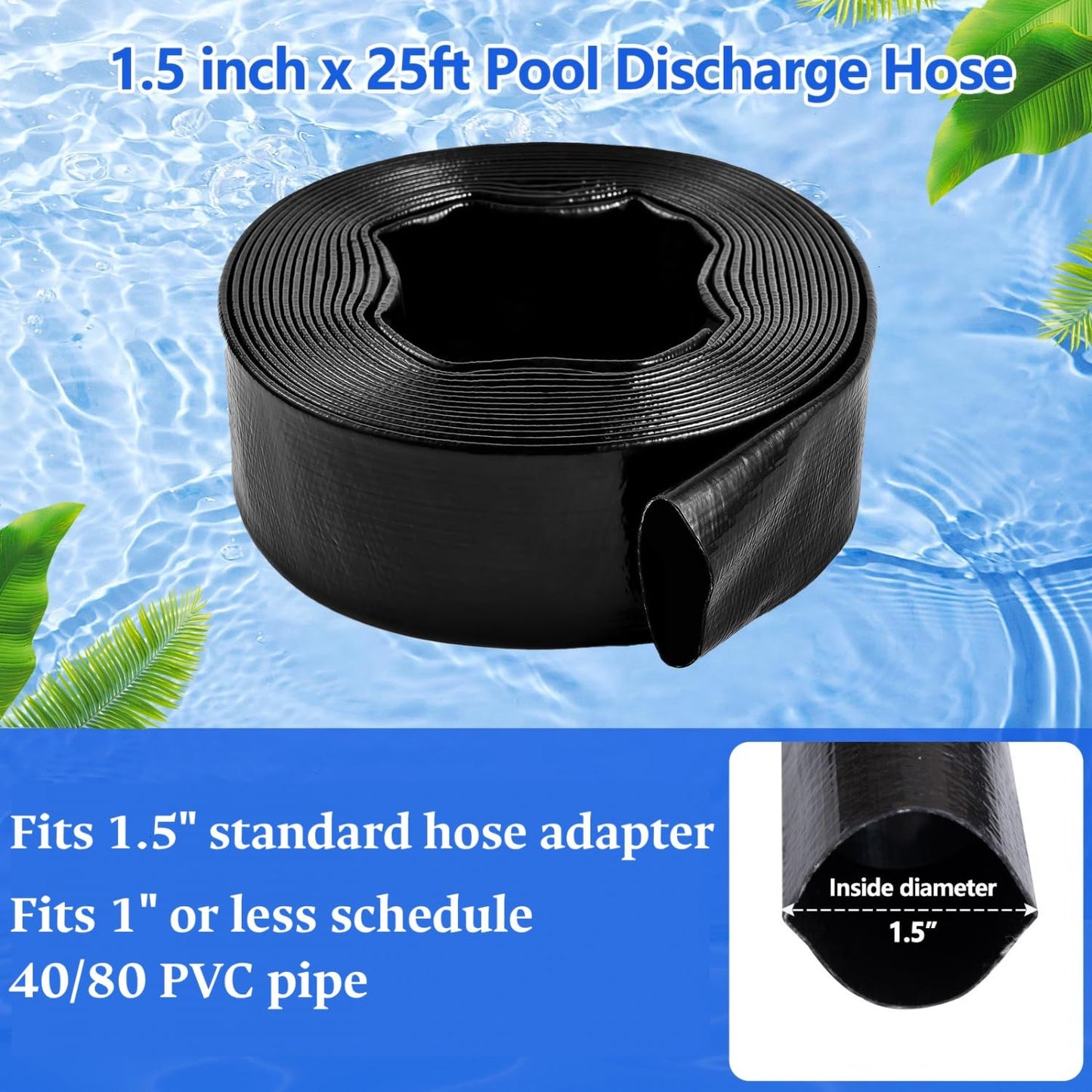 Gonioa Pool Backwash Hose 1 1/2 Inch Diameter x 25 Feet - Heavy-Duty PVC Pool Drain Hose, Reinforced Discharge Hose with Clamp for Swimming Pools, Black