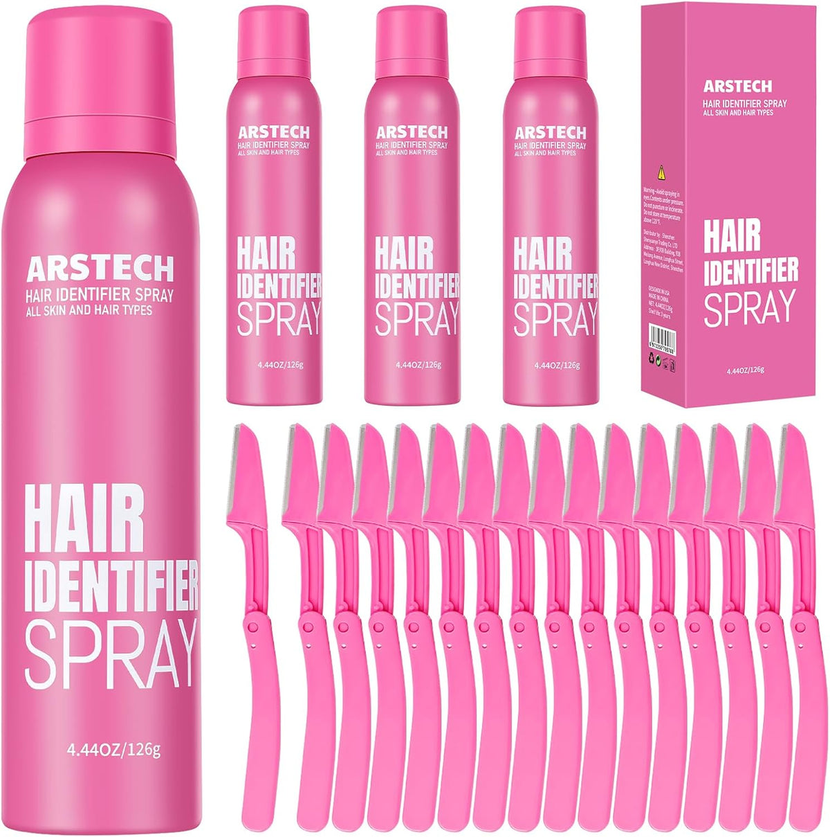 Hair Identifier Spray for Face Shaving Dermaplaning Tool 4 Pack Skin Body Dermaplaning Spray for Women with 16 Face Razor for Face Shaver Hair Removal Kit Excess Hair Dermaplane Razor for Women Face