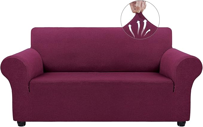 Asnomy Sofa Covers for 2 Cushion Couch Stretch loveseat Covers Slipcovers, Pet Protector Furniture Covers for Dogs Cats Spandex Jacquard Fabric Small Checks （Medium，Wine Red）