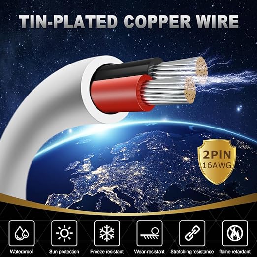16 Gauge 2 Conductor Electrical Wire, 100FT White Stranded Low Voltage 16/2 PVC Case, 16 AWG Tinned Copper 2 Wire Extension Power for Strips LED Lamp Lighting