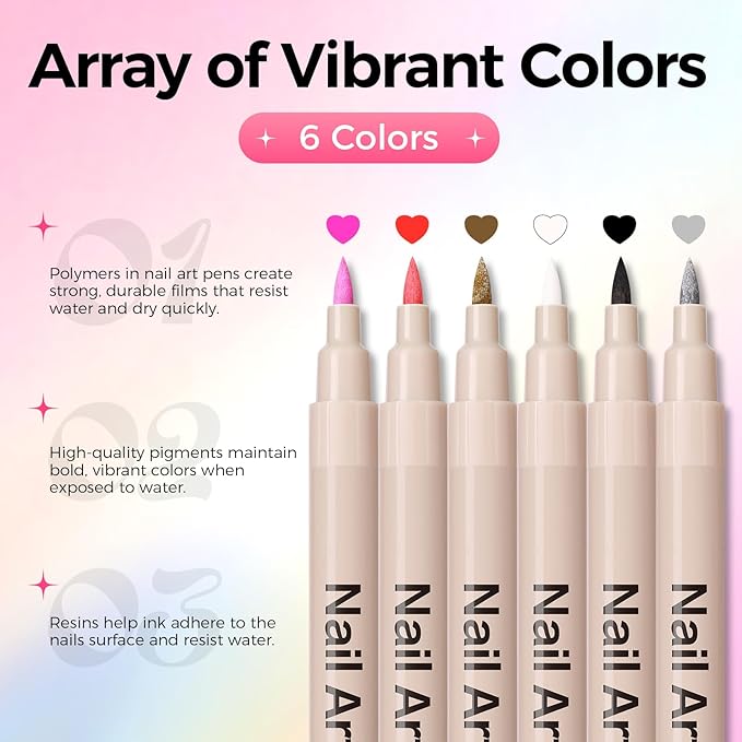 6 Colors Nail Art Pens Set, 3D Nail Polish Pens Quick-Drying Acrylic Paint Markers, Dotting Liner Brush for DIY Nail Design, Home & Salon Manicure Tools