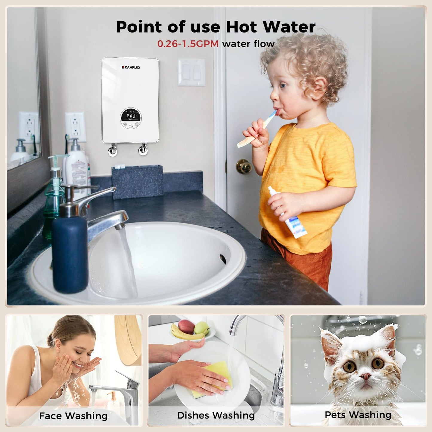 CAMPLUX Tankless Water Heater Electric 120V, 4500W Point of Use Instant Hot Water Heater, Save Space for Sink Wall Mounted LED Digital Display CSA Certified