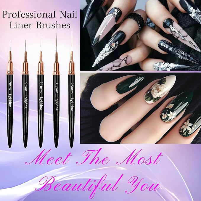 5pcs Nail Art Liner Brushes, Liner Brush For Nails Gel, Painting Art Design Brush Set Nail Dotting Drawing Tool For Long Lines, Thin Details, Fine Drawing Sizes 7/9/11/15/25mm（Black）