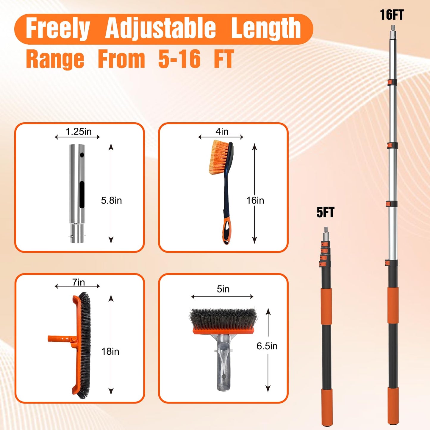 LAANPOLE 4-in-1 Pool Brush with Pole, Heavy Duty 18" Pool Brush Head, 5" Stainless Steel Brush and Hand-Held Pool Scrub Brush for Inground & Above Ground Pools, Pool Scrubber Brush with 16FT Pole