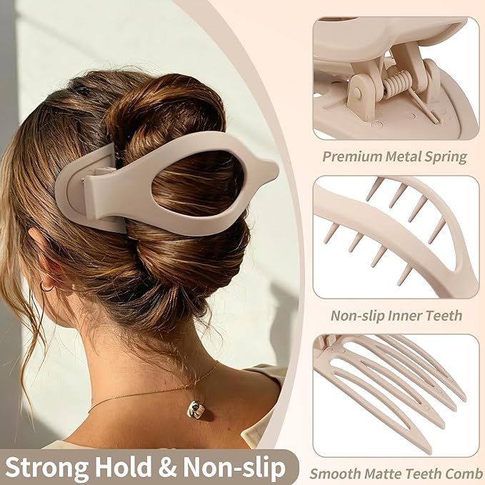 5.5 Inches Extra Large Flat Hair Clips for Women, 4 Pack XL Big Claw Clips for Thick Hair, Oversized Matte Strong Hold Non-slip Flat Claws, Cream