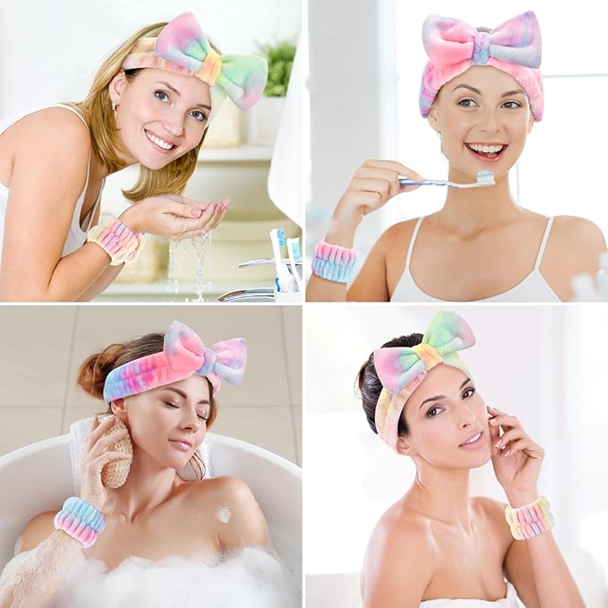 6PCS Spa Headband and Wristband Set for Face Washing, Soft Microfiber Skincare Hairband with Bow, Soft Absorbent Wrist Towels for Women Girls, For Makeup, Facial, Shower, Yoga