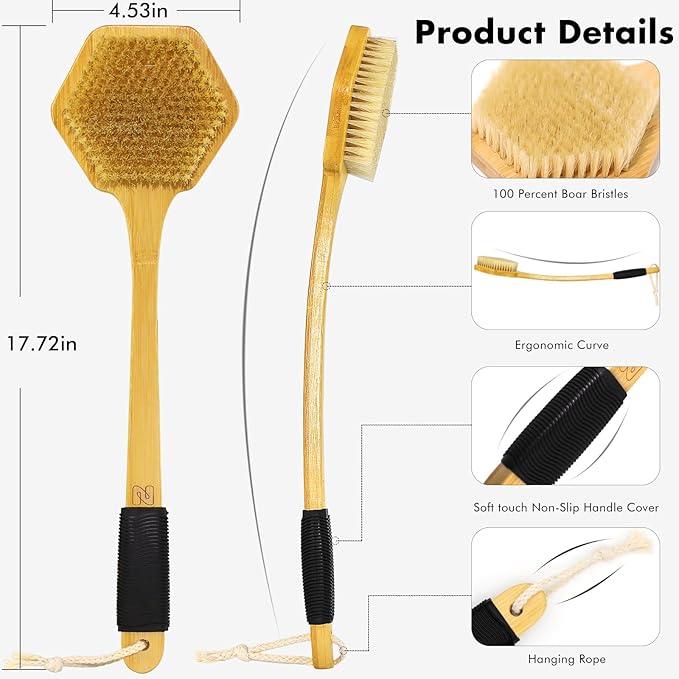 NORTHSONG Large Head Bath Brush, 17.72" Extra-Long Curved Bamboo Handle & Boar Bristles, Back Scrubber for Exfoliating - Ideal for Elderly, Shoulder Pain, Gift Ready
