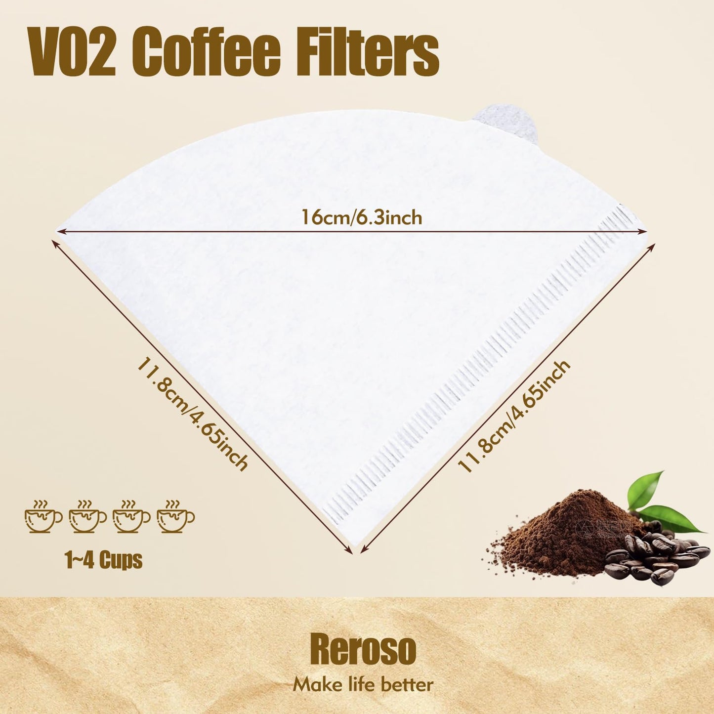 reroso 200 Count Coffee Filter, Coffee Filters Disposable No Blowout, Coffee Filters 2 Cone for Drip and Pour OverCoffee Maker (1-4 Cup)