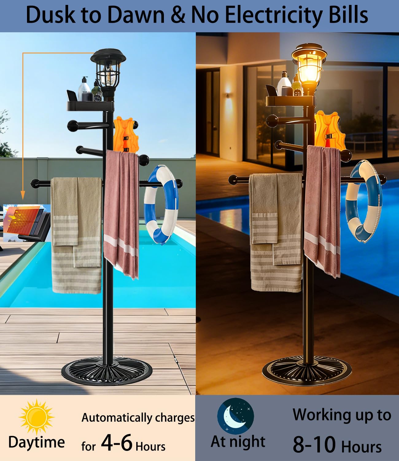 i365AMZ Pool Outdoor Towel Rack with Solar Light, 6 Bars with Top Tray Metal Heavy Duty Pool Accessories with Heavy Metal Base, Hot Tub Accessories for Pool and spa