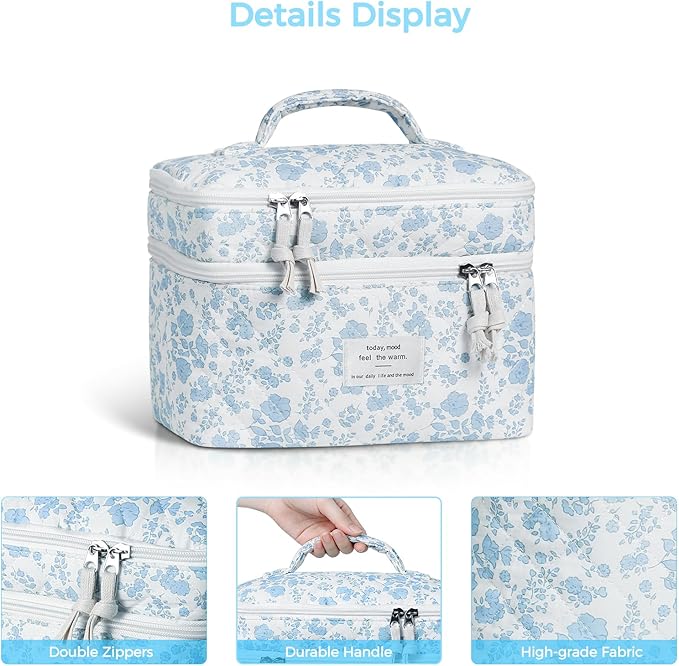 Makeup bag, Large Cosmetic Bag for Women Girls, Cute Quilted Makeup Bags, Floral Coquette Aesthetic Toiletry Bag, Travel Make Up Organizer Bag (Blue Flowers)