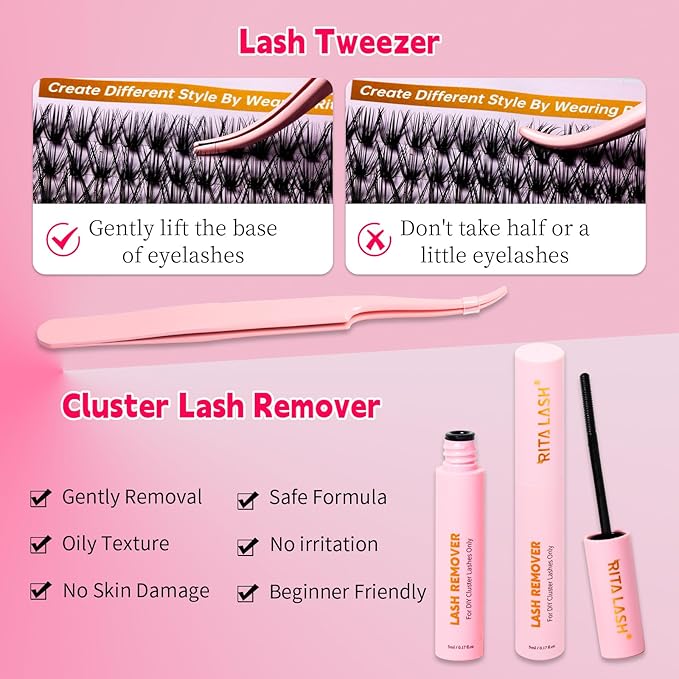 RITALASH Lash Extension Kit DIY Lash Clusters Kit 400pcs Cluster Lashes Individual Lashes Eyelash Extension Kit with Lash Bond and Seal,Lash Remover,Lash Tweezers(20D+40D Cluster Kit,8-16mm)