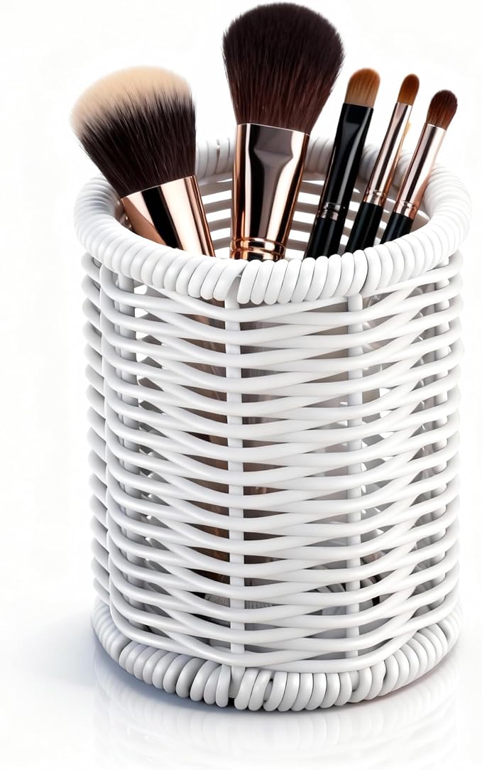 Rattan Jars, Car Storage Box, 4.13" x 4.92" Bathroom Essentials Accessories Decor, Round Vanity Storage Organizers, for Hair Accessories, Cotton Pads, Cotton Ball, Cosmetics, White (DP054)