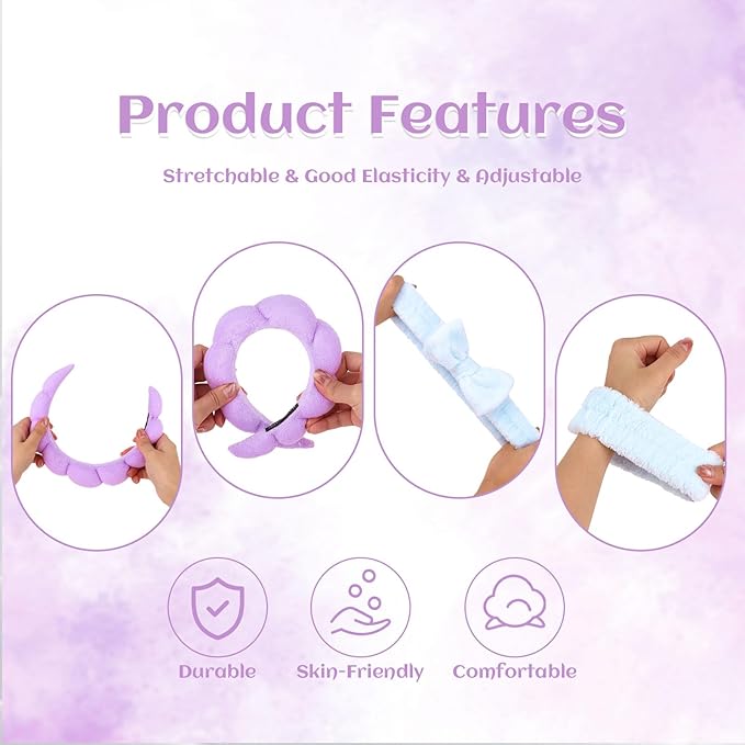 6 Pcs Terry Cloth Headbands and Wristbands - Sponge Makeup Removal, Skincare, Shower