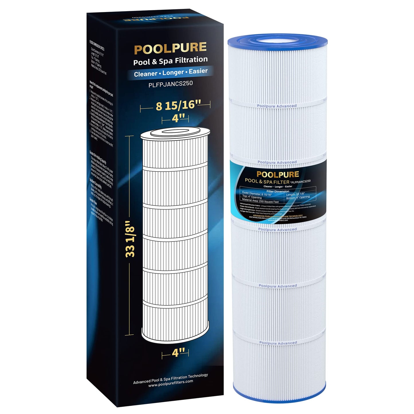 POOLPURE PLFPJANCS250 Pool Fliter Replaces Jandy CS250, PJANCS250, Unicel C-8425, Filbur FC-0824, R0462500, 17-175-3630, 250 Sq.ft Filter Cartridge 1 Pack