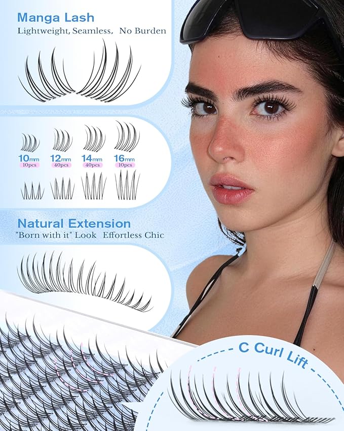 PHKERATA Natural Lash Clusters Manga Eyelash Clusters, Wispy C Curl Clusters Eyelash Extensions Invisible Clear Band, Korean Lashes Look DIY Lash Extensions, Fairy PestaÃÂ±as Postizas Naturales