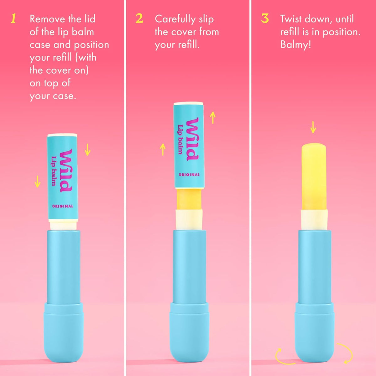 Wild Refillable Lip Balm Starter Kit - Includes Blue Aluminum Case & 3 Pack Lip Balm Refills in a Variety of Scents - Includes Coconut & Vanilla, Passionfruit Swirl & Watermelon Flavors