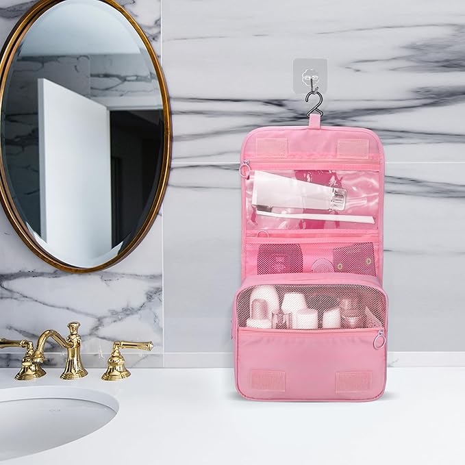 Large Capacity Toiletry Bag Travel Bag with Hanging Hook for Men and Women Waterproof Travel Cosmetic Bag Bathroom Storage Bag for Brushes Set, Full-Sized Shampoo,Accessories(Pink)
