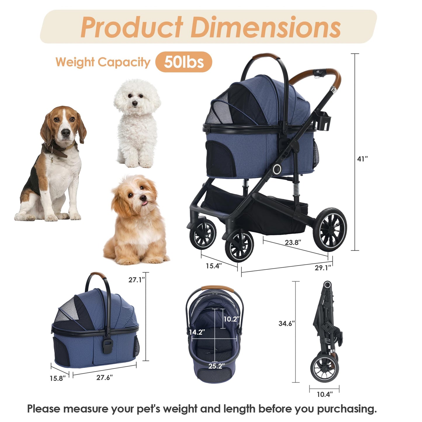 TODEFULL Pet Stroller with 4 Wheels, 3 in 1 Folding Puppy Strollers for Small/Medium Dogs Cats up to 50lbs, Lightweight Pet Travel Carrier with Detachable Cushion, Storage Basket and Cup Holder, Blue