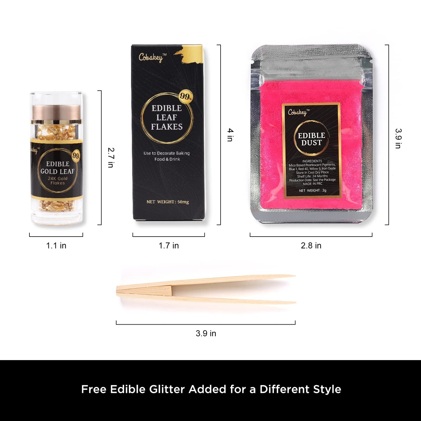 Cobakey Genuine Edible Gold Leaf Flakes - 50mg Edible Gold Flakes for Cake Decoration (Cupcake, Chocolate, Steak, Drink & Cooking), PureGold Leaf with Edible Glitter & Wooden Tweezers