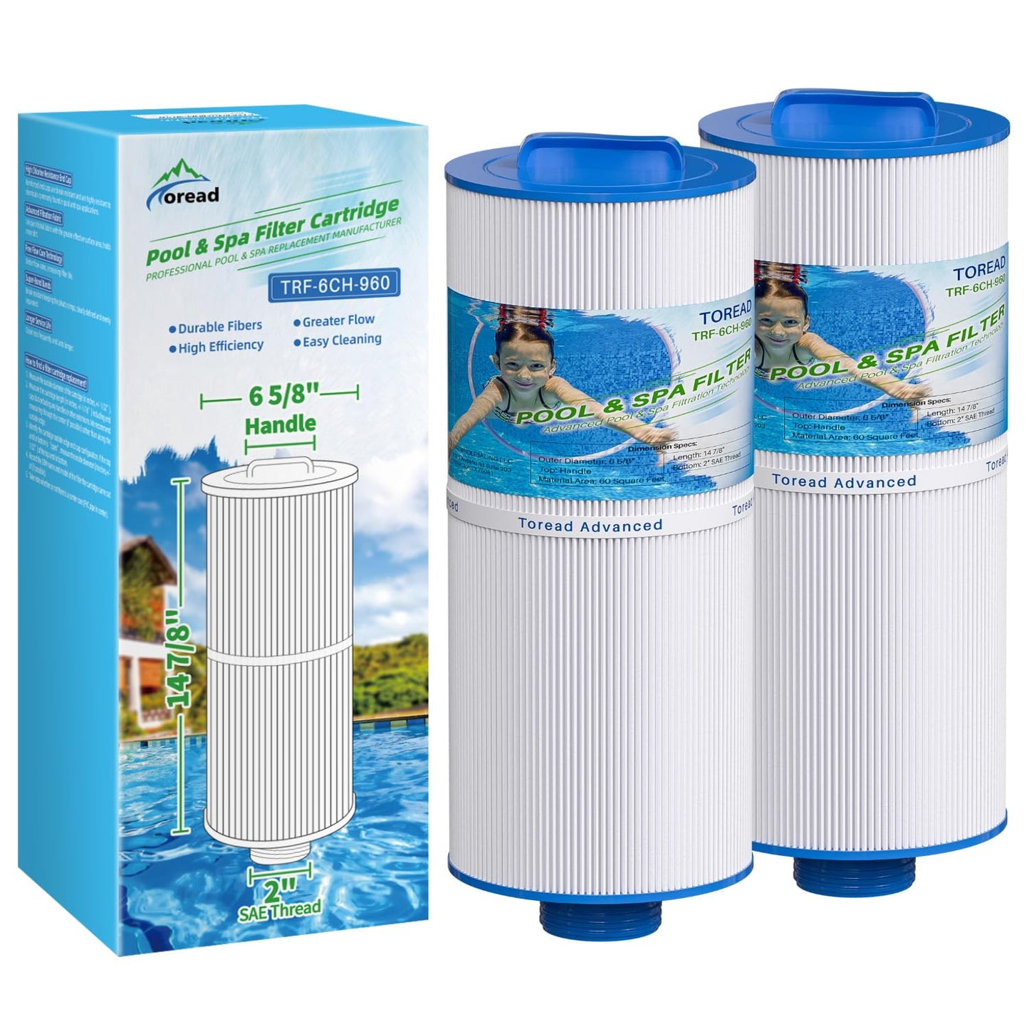 TOREAD 6CH-960 Spa Filter Replaces Jacuzzi Filters J-300, J400, PJW60TL-F2S, 14081, 6000-383A, Unicel 6CH-960, Filbur FC-2800, 6540-383, Hot Tub Filter with Closed Handle 2 Pack (Not be Removed)