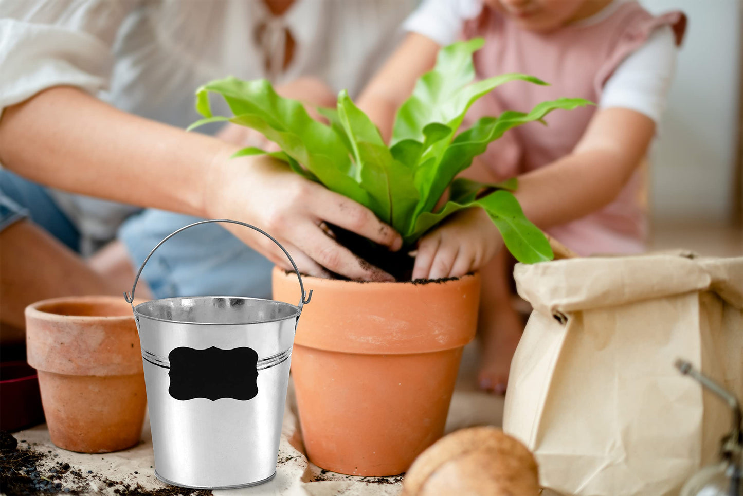 6 Metal Buckets With Chalkboard Stickers and Plastic Kitchen Scoops, Small Galvanized, for Birthday, Wedding Party, Garden Planters, Party Supplies, Decorations, 5 Inch Tin - (Tie 6)