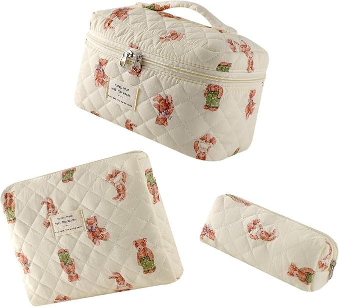 uekeboag Large Travel Quilted Makeup Bag for Women, Floral Cotton Cosmetic Bag, Coquette Aesthetic Floral Toiletry Organizer Bag