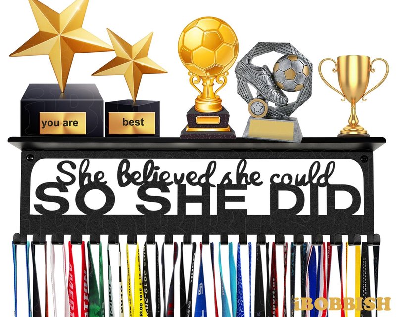 iBobbish Premium Trophy Shelf with Non-Slip Protect,She Believed She Could SO SHE DID Medal Holder For Girls,Medal Hanger Display Wall 16inchL,sports medal display Upgraded 20 Hooks Premium Black