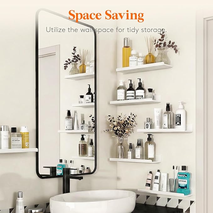 Lifewit Floating Shelves for Wall, Acrylic Display Shelf Wall Mounted for Figure, Car, Art, Book, 14" Perfume Organizer for Bathroom, Bedroom, Living Room, Nursery, Home Decor, White, 6 Pack