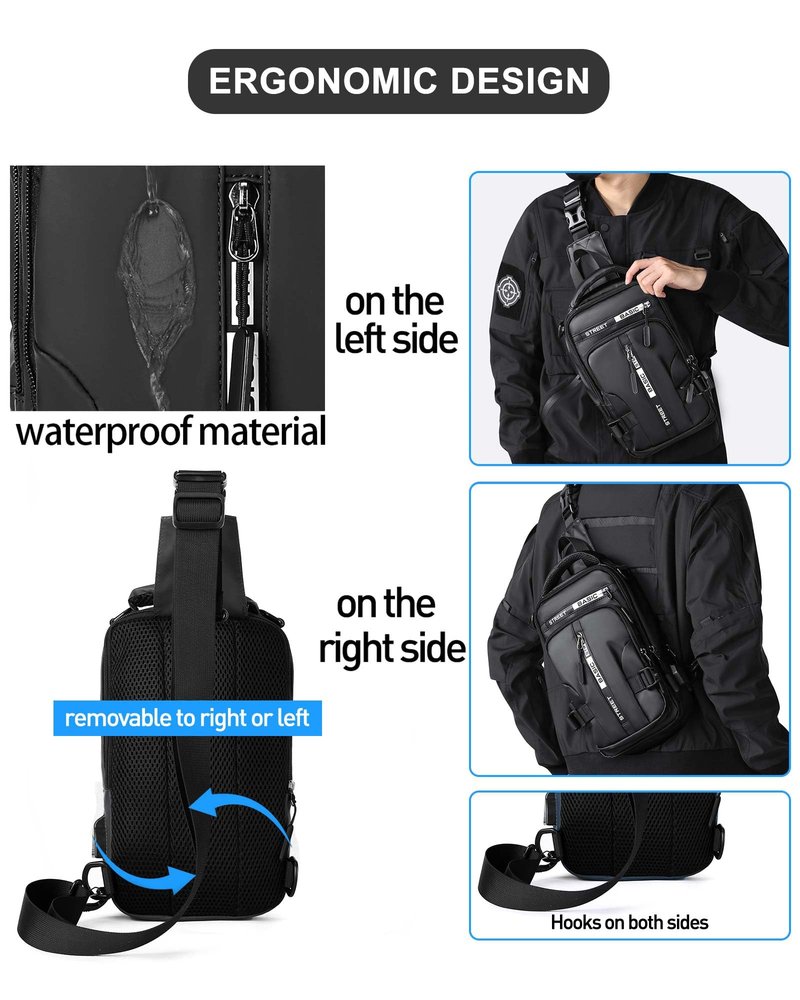 Large Black Sling Bag for Men, Shoulder Messenger Bag for Mens, Anti Theft One Strap Motorcycle Backpack Sling Chest Bag for Casual Hiking Walking Biking Travel Cycling Outdoor Sports