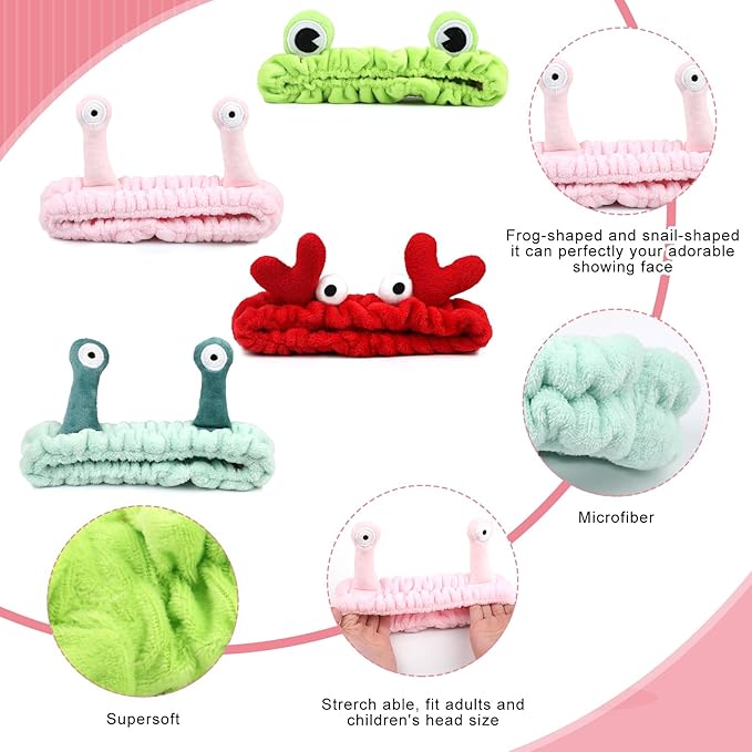 4 Pack Face Wash Headband Facial Makeup Skincare Headbands, Elastic Coral Fleece Spa Hairband for Washing Face, Cartoon Fun Frog Snail Crab Hair Accessories