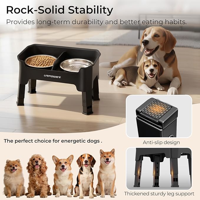URPOWER Mess Proof Elevated Dog Bowls 4 Height Adjustable Raised Bowl Stand with 2 Stainless Steel Dog Bowls Non-Slip Food and Water Bowl Set for Small and Medium Dogs