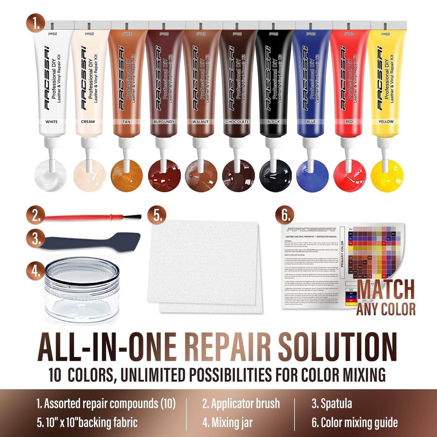 Leather Repair Kit for Furniture, Sofa, Jacket, Car Seats and Purse. Vinyl Repair Kit. Super Easy Instructions to Match Any Color, Restore Any Material, Bonded, Italian, Pleather, Genuine
