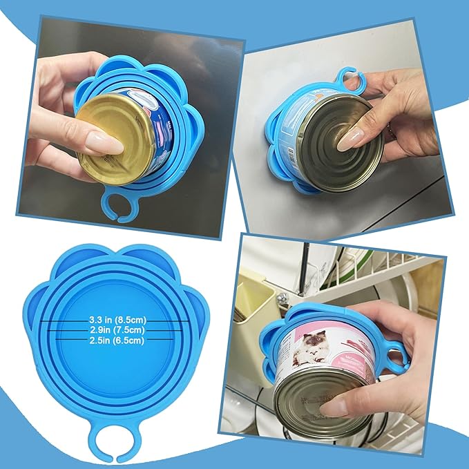SJANE Cat Food Can Spoons & Can Lids | 4 Pcs | Colorful Multi-Function Opener | Universal Soft Silicone Pet Food Covers | Stainless Steel Wet Food Spatula for Kittens and Dogs(Blue)