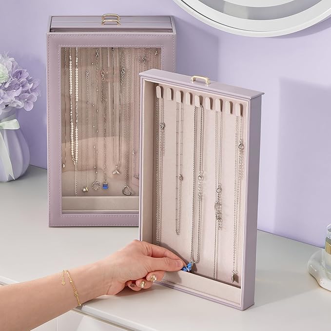 Lolalet Necklace Organizer Box, Jewelry Storage Box with Clear Window for Necklaces Bracelets, Tangle-Free Necklace Display Case for Women Girls -Dusty Purple, 3 Layers 30 Hooks