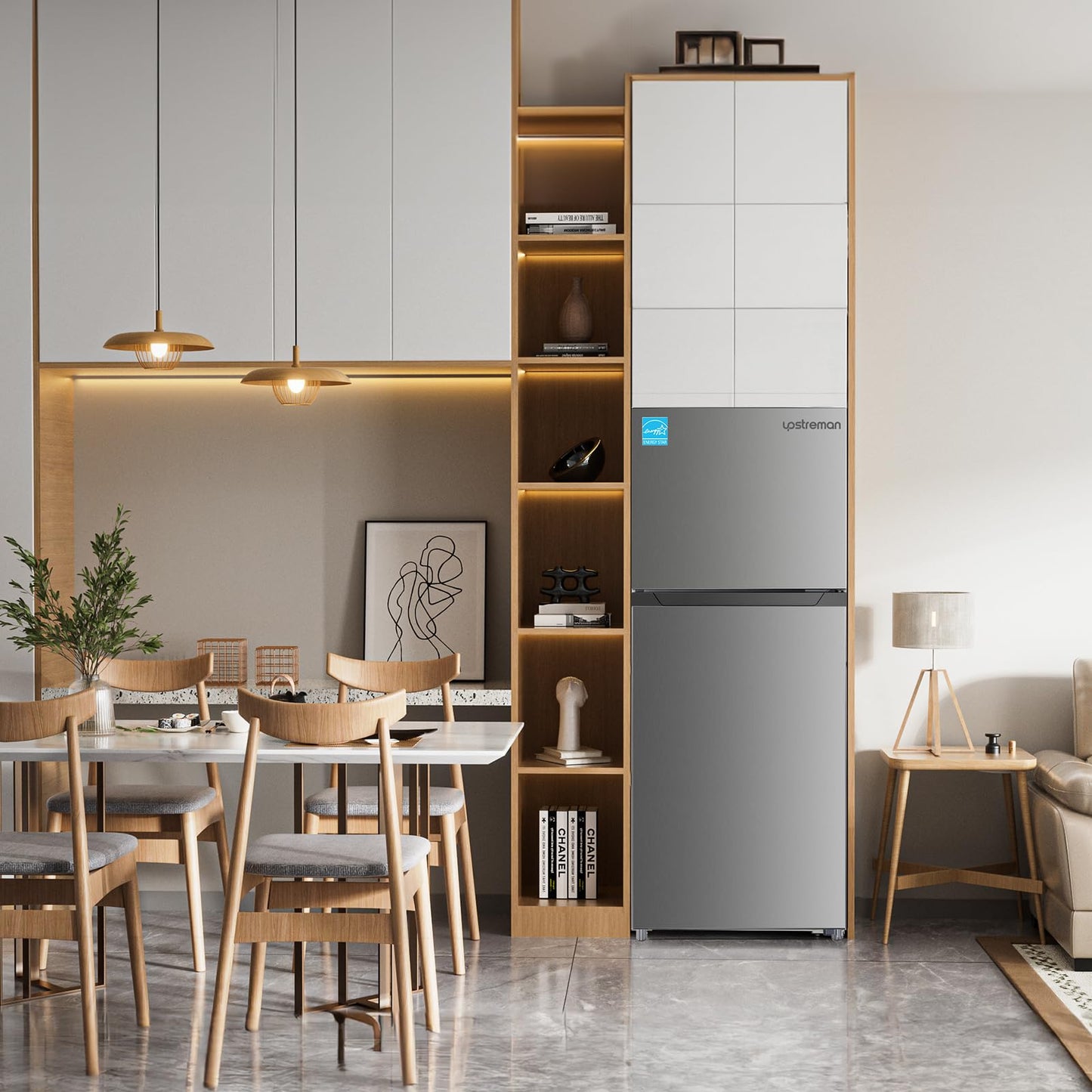 Upstreman 14.7 Cu.Ft. Double Door Refrigerator in Stainless Steel with Large Capacity Top Freezer, Frost Free, Adjustable Thermostat Control, Fingerprint-resistant, ENERGY STAR-BD147