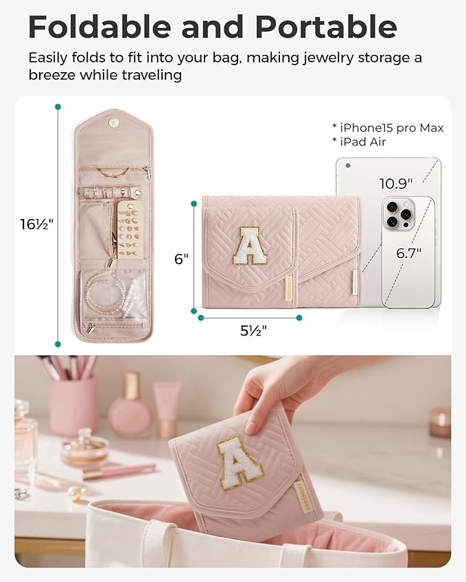 BAGSMART Travel Jewelry Organizer Case A Initial Foldable Jewelry Roll for Journey Rings, Necklaces, Earrings, Bracelets,Mini,Letter A,Soft Pink