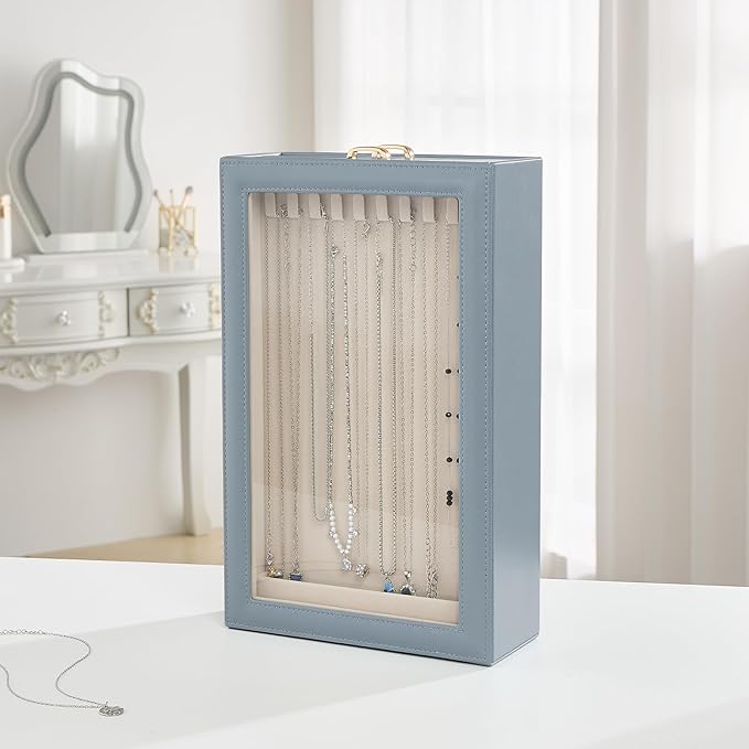 Lolalet Necklace Organizer Box, Jewelry Storage Box with Clear Window for Necklaces Bracelets, Tangle-Free Necklace Display Case for Women Girls -Dusty Blue, 2 Layers 20 Hooks