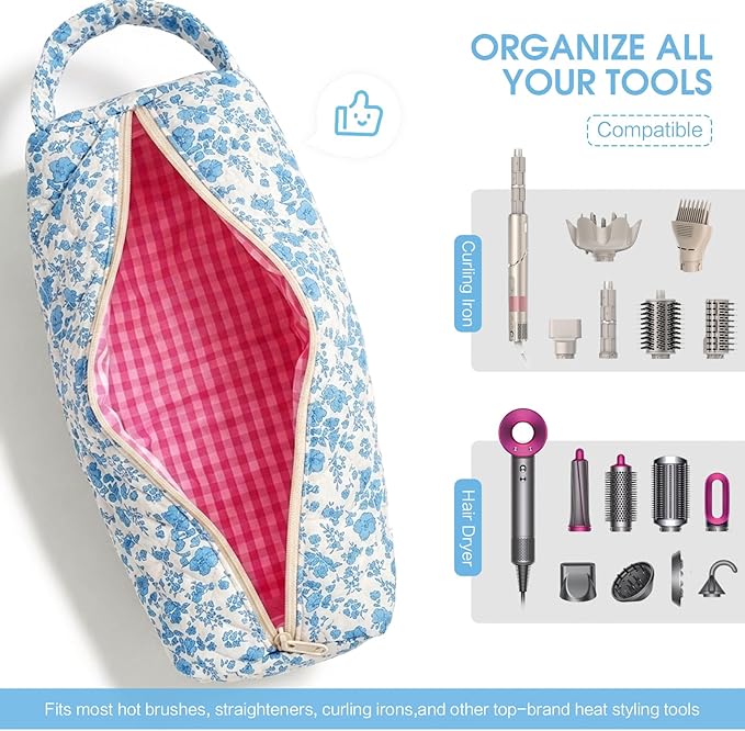 Hair Tools Travel Bag, Soft Compact Case Compatible with Dyson Airwrap & Shark Flexstyle, Curling Iron & Flat Iron Storage Organizer, 14" Portable Hair Accessories BagÃ¯Â¼ÂBlue FlowerÃ¯Â¼Â