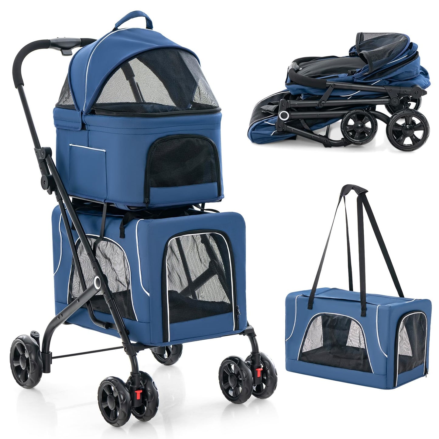 HAPPAWS Pet Stroller with Detachable Carriers, Adjustable Cat Stroller for Small & Medium Pets, 4-in-1 Cat Carriers with Safety Belt and Lockable Wheels, Navy Blue