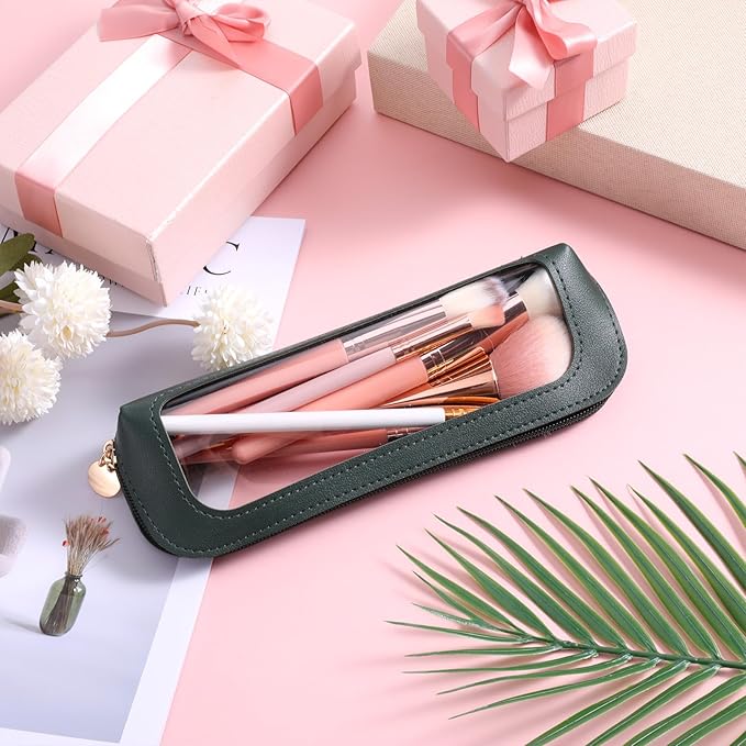 Small Clear Makeup Bag, PU Leather Travel Makeup Brush Pouch Portable Transparent Waterproof Cosmetic Organizer Pouch with Zipper for Women Home Travel Office Cosmetic Storage (Dark Green)