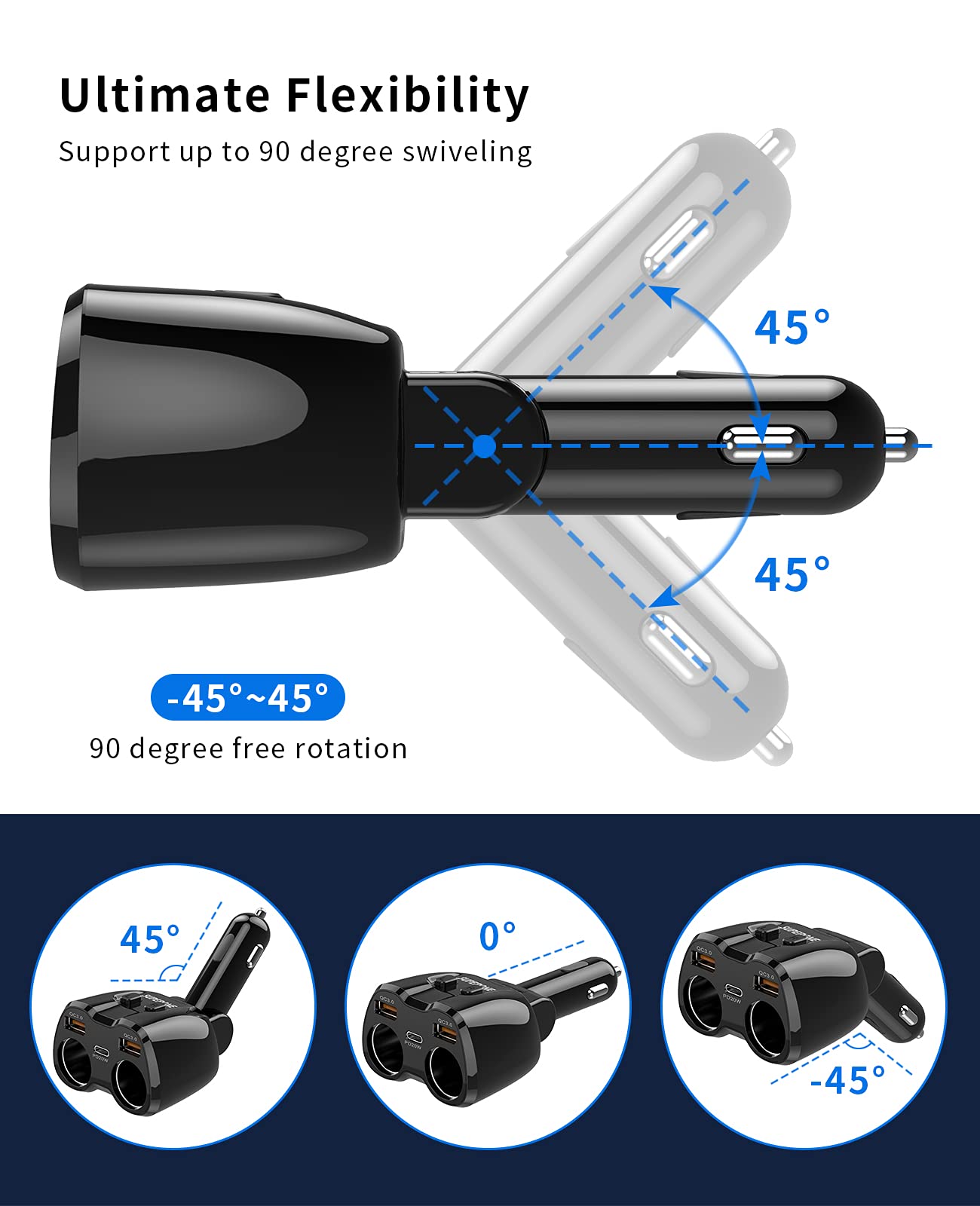 [2026 Upgraded] Cigarette Lighter Splitter, SUPERONE 180W 2-Socket Cigarette Lighter Adapter with Dual QC3.0 and 20W PD USB C Car Charger Splitter for GPS/Dash Cam/Laptop/iPad/iPhone 17/16/15/14/13/12
