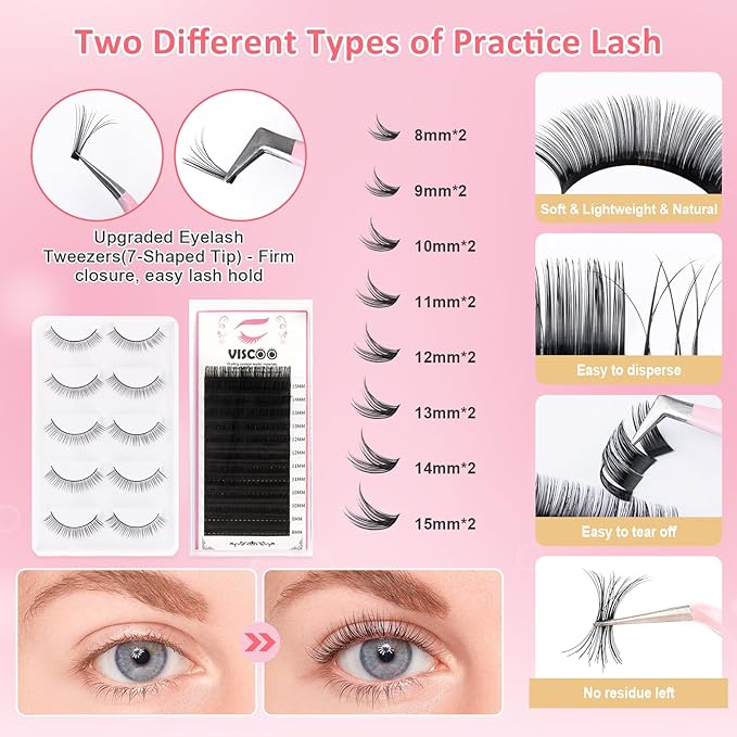 VISCOO Upgraded Eyelash Extension Kit for Beginners, Lash Extension Kit with Mannequin Head, Eye Model with Replacement False Lashes,Lash Starter Kit with Fan,Extension Glue and Remover for Training