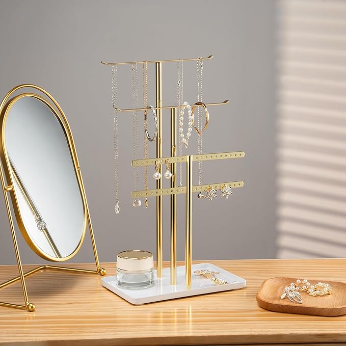pickpiff Jewelry Stand Holder Organizer: 14.5" Sturdy Hanger for 80 Pcs Jewelry, Jewlery Tower for Display Necklace, Earring, Bracelet, Watch, Mirrored Gold