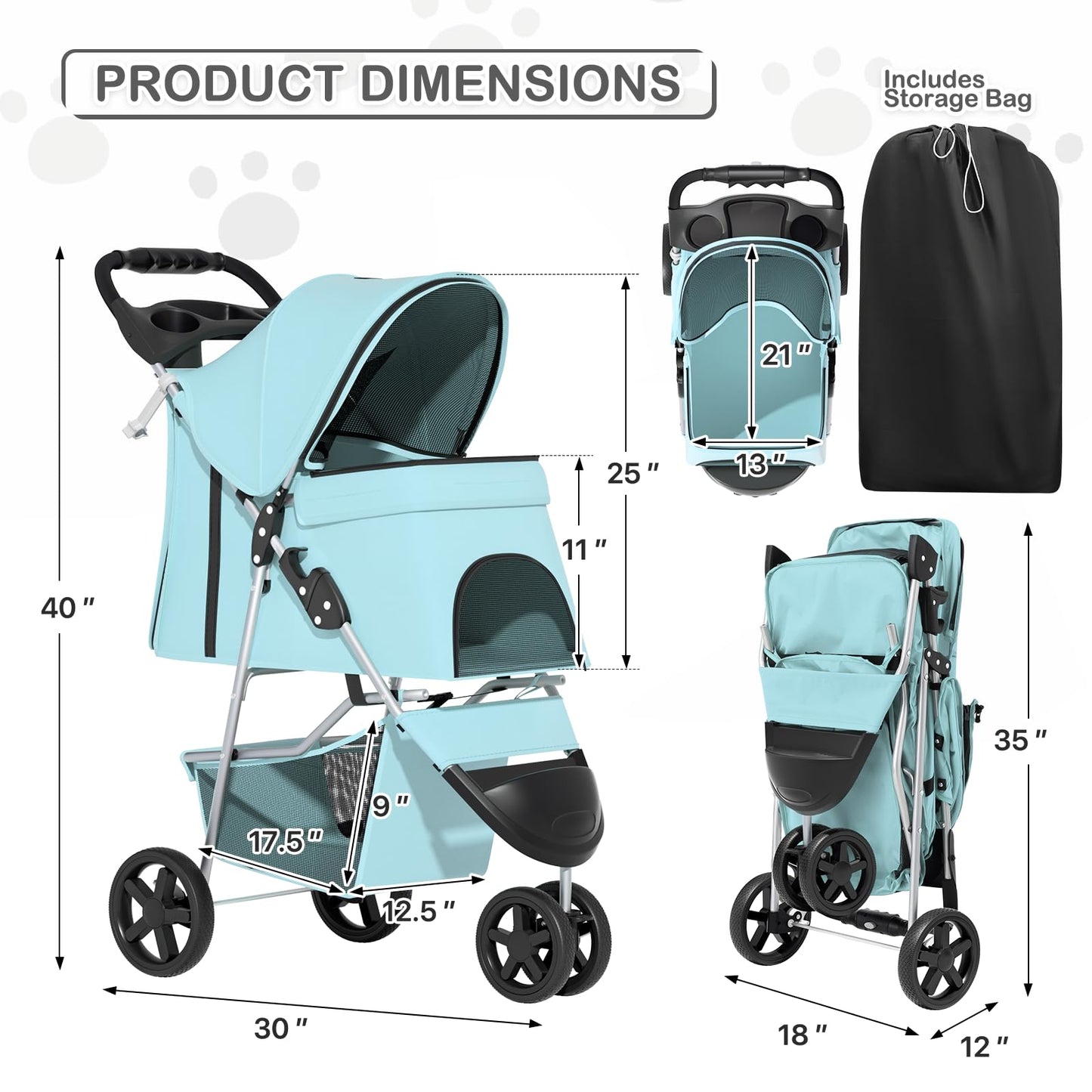 MoNiBloom 3 Wheels Pet Dog Cat Stroller for Small Medium Dogs Cats, Lightweight Foldable Jogger Stroller w/Storage Basket and Cup Holder, Mint Green